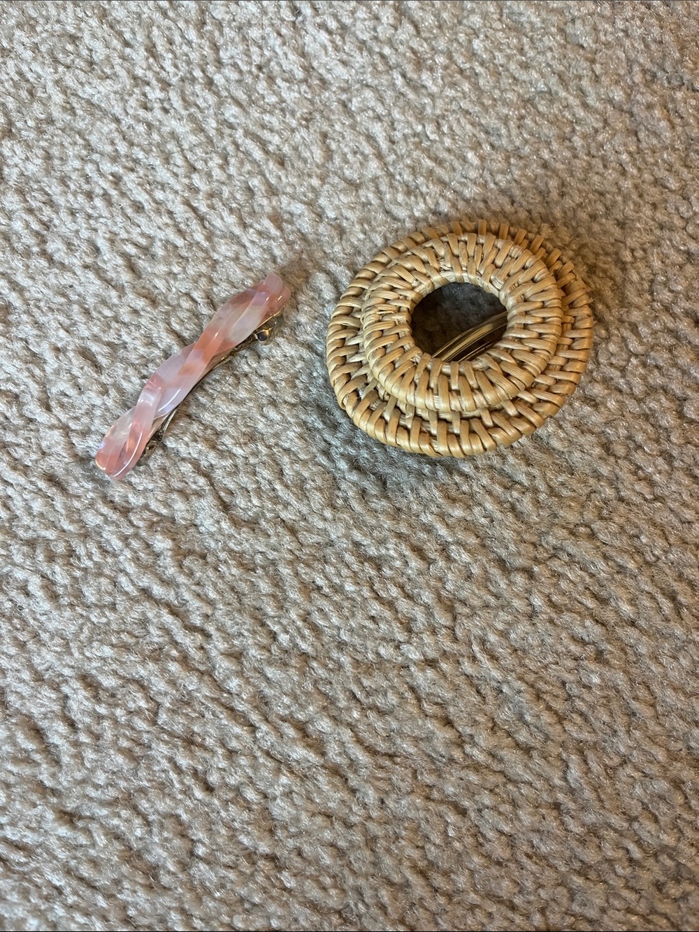 J crew Round Woven Rattan Hair Clip & Pink tortoise  Barrette Set